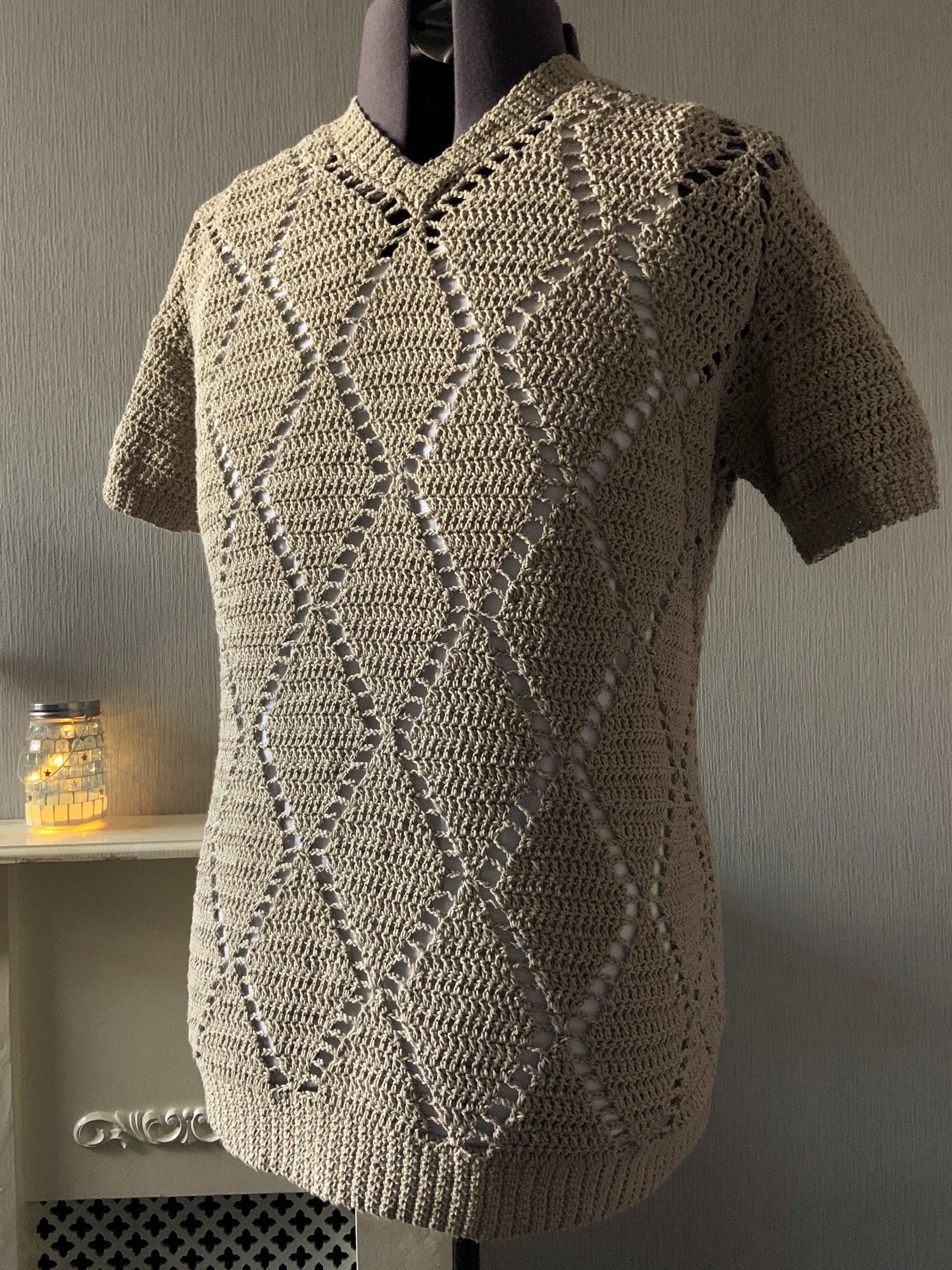 Men's Crochet Pattern, Diamond Mesh V-Neck Top