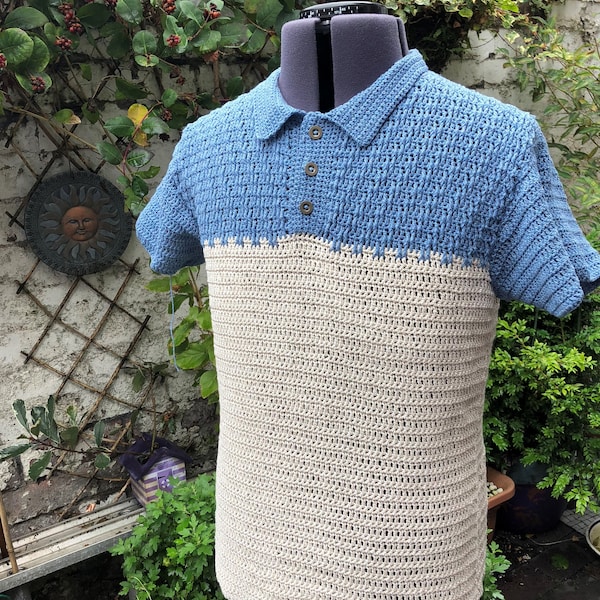 Men's Crochet Pattern, Textured Polo Shirt