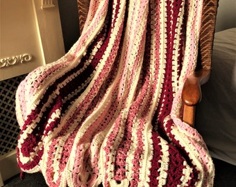 Handmade Crochet, Pretty Pinks Striped Throw, approx 135 cm x 120cm (53" x 47", excluding tassel), acrylic and acrylic/wool mix yarn