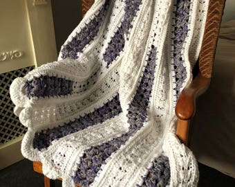 Handmade Crochet White and Purple Striped Throw, approx 140cm x 110 (55" x 43"), Mixed Fibres