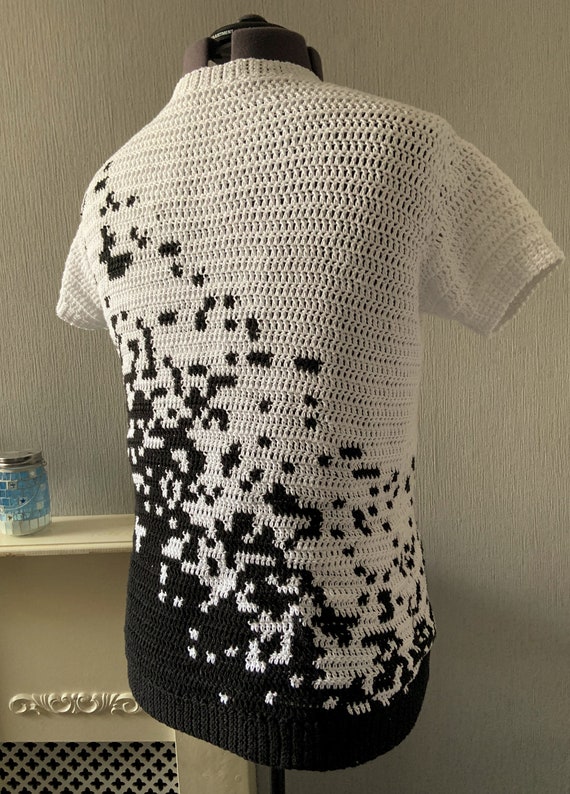 ◆RONRON◆ CROCHET SQUARE OVER FIT T SHIRT GREY Handmade Crochet Granny Square Shirt, Unisex Vintage