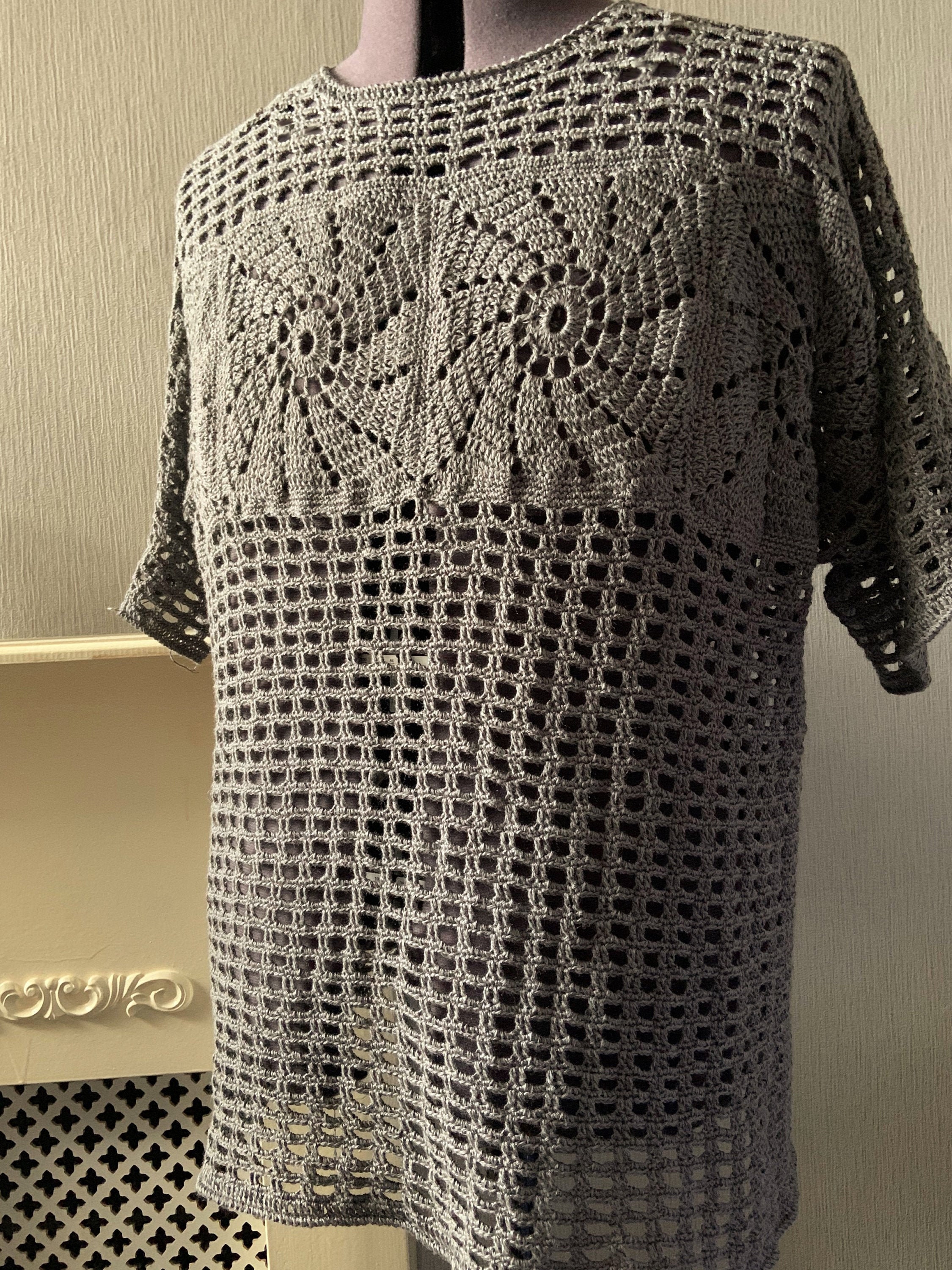 Tシャツ・カットソー TRILLION Cable Crochet Short Sleeve Collar Knit BURNT BRICK Geometric Crocheted Knit Shirt