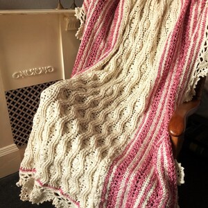 Traditional Handmade Crochet Blanket, Cream and Pinks, Stripes and Waves, 155cm x 155cm (61&quot; x 61&quot;) in Acrylic and Acrylic Wool Blend