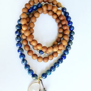 Lapis Lazuli Mala Necklace - 108 mala - Sandalwood Necklace - Quartz Crystal Pendant - Blue Stone Jewelry - Yoga Teacher Gifts