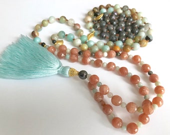 Amazonite Mala Necklace - Throat Chakra Healing Jewelry - Chakra Balancing Mala - Calming Gemstones - Mala for Communication - Sunstone Mala