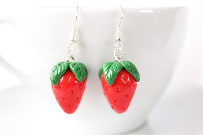 Strawberry earrings dangle fruit kawaii cute polymer clay Etsy