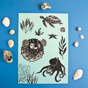 Plakat Meerestiere, Poster A4 Unterwasser Illustration