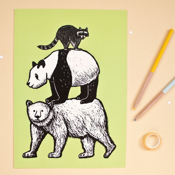 Poster Bären A4, Tierillustration Eisbär, Panda, Waschbär