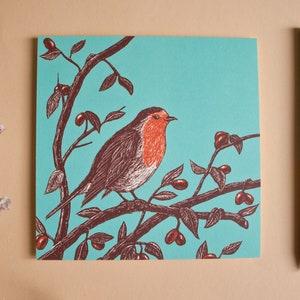May include: A robin perched on a branch with red berries against a turquoise background. The robin is drawn in brown and red with a detailed illustration style.