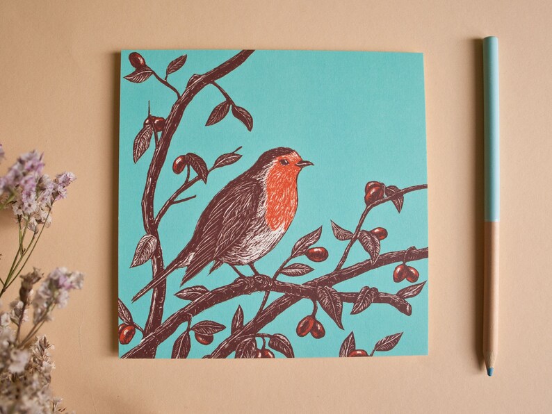 May include: A robin perched on a branch with red berries against a turquoise background. The robin is drawn in brown and red with a detailed illustration style.