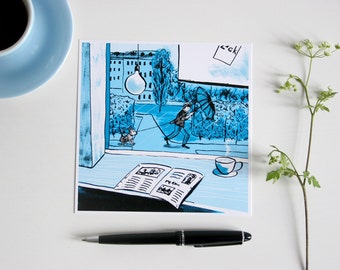 Postcard Café scene, rainy day, greetingcard, illustrated card, blue
