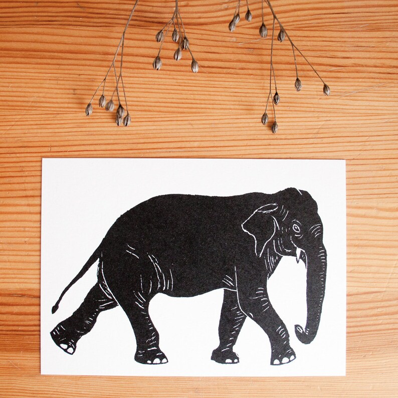 Postcard Elephant, animal illustration black white image 5