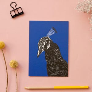 Carte postale paon sur fond bleu au format A6