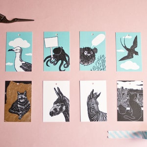 Étiquettes cadeaux animaux, lot de 8 étiquettes illustrées