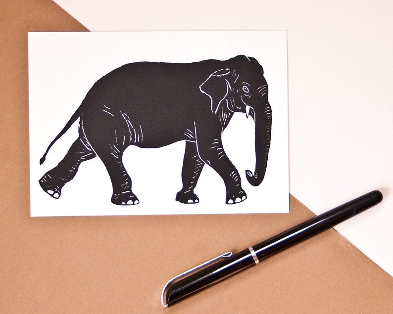 Postcard Elephant, animal illustration black white image 1