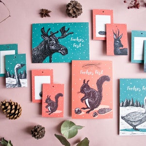 Ensemble de cartes postales et d'étiquettes cadeaux de Noël avec illustrations d'animaux