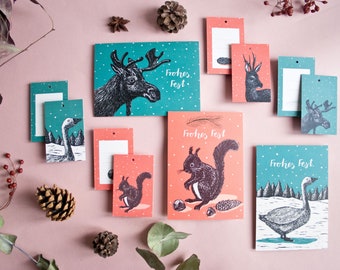 Ensemble de cartes postales et d'étiquettes cadeaux de Noël avec illustrations d'animaux