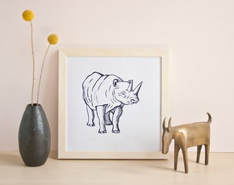 Rhino linocut, original printmaking, animal print