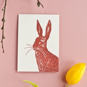 Carte d'animaux lapin, carte postale à partir d'une impression linogravure, carte de voeux printanière pour Pâques au format A6