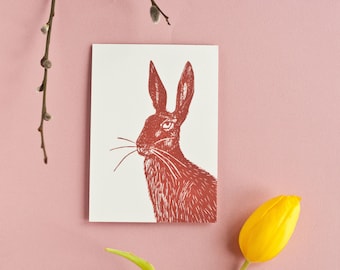 Animal card hare, postcard from a linoleum print, spring greeting card for Easter in A6 format