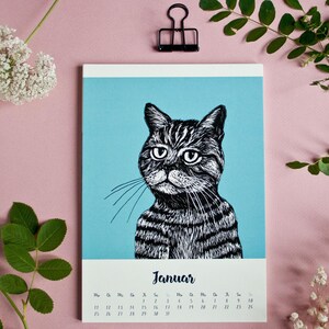 May include: A wall calendar page for the month of January featuring a black and white ink-style illustration of a tabby cat against a solid light blue background. The calendar grid is printed in black text on a white base at the bottom of the page.