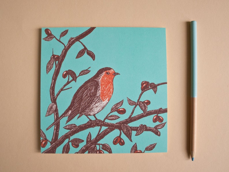 May include: A robin perched on a branch with red berries. The bird is brown and white with a red breast. The background is a teal blue.