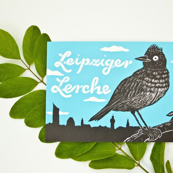 Postkarte Leipziger Lerche, Leipzig, Deutschland, Sachsen, Grußkarte, Leipziger Spezialität, Lerche, Vogel Illustration, blau schwarz