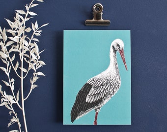 Stork postcard, blue greeting card bird