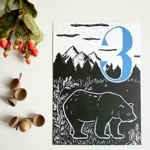 Ansichtkaart beer, verjaardagskaart voor kinderen, dierenillustratie, 3e verjaardag