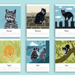 May include: A wall calendar featuring six illustrated pages with cats. Each page displays a month from January to June, including the month name and calendar dates. The illustrations depict various cats in outdoor settings with trees, fences, and landscapes.