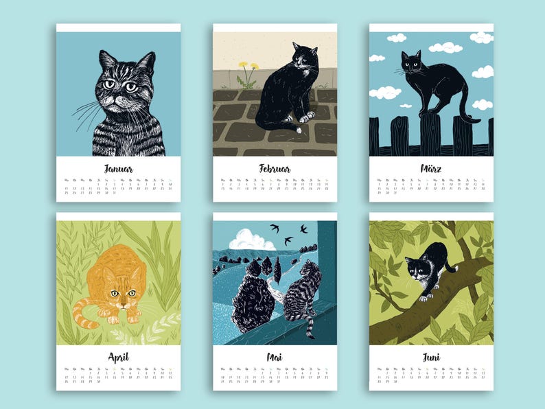May include: A wall calendar featuring six illustrated pages with cats. Each page displays a month from January to June, including the month name and calendar dates. The illustrations depict various cats in outdoor settings with trees, fences, and landscapes.