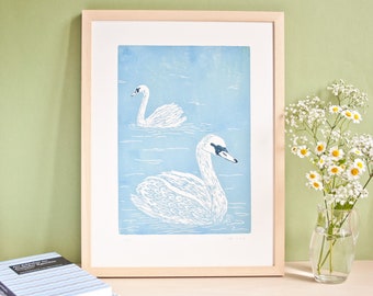 Two swans, original linoprint birds