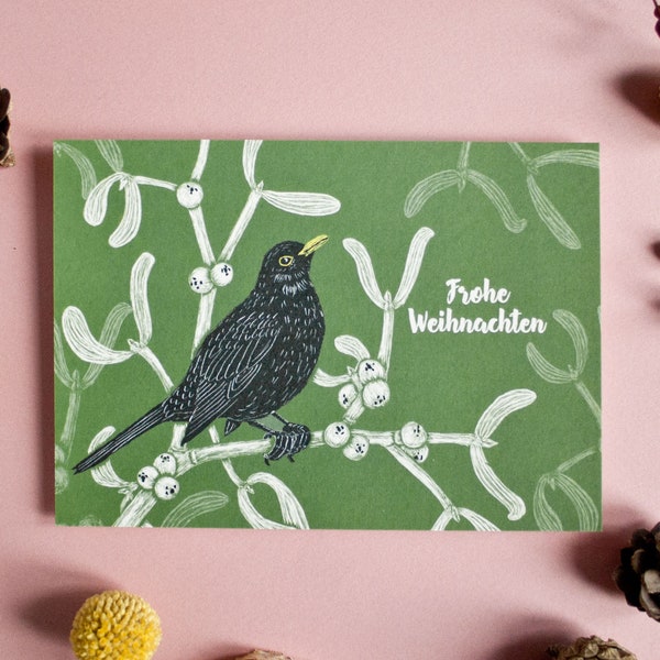 Weihnachtskarte Amsel, Tierillustration Weihnachten