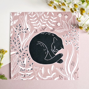 Ansichtkaart Zwart Roze Kat met Bloemen