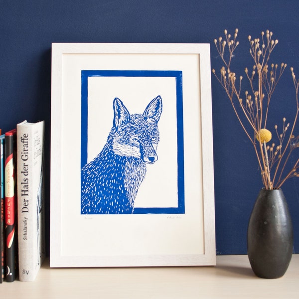 Linocut print blue fox, original printmaking