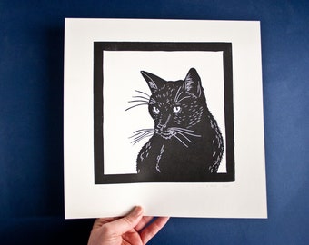 Linoldruck schwarze Katze, Original Druckgrafik für Katzenliebhaber