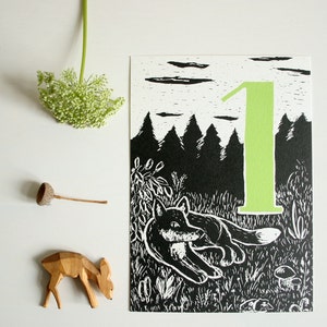Carte postale renard, carte anniversaire enfant, illustration animaux de la forêt, noir, vert, 1er anniversaire, carton gratté, carte numérotée, anniversaire