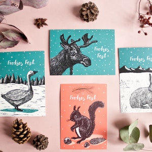 Weihnachtskarten Set, Grußkarten mit Tierillustrationen mit Gans, Elch, Eichhörnchen und Schneehase