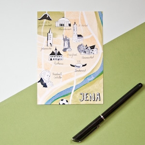 Ensemble de 3 cartes postales d'Iéna, plan de la ville, illustrations d'Iéna