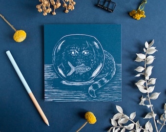 Square Postcard of a cat and goldfish