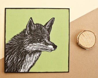 Carte postale renard, illustration animalière verte