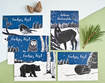 Christmas card set, greetingcards for seasons greeting with Forest Animal Illustrations