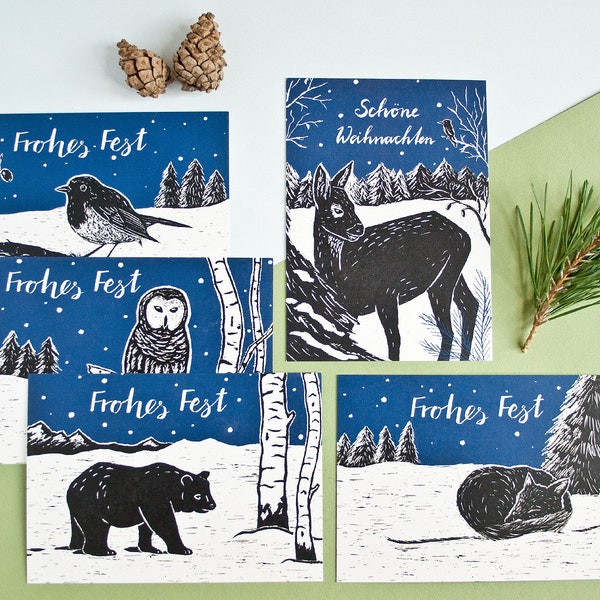 Weihnachtskarten Set, Grußkarten mit Tierillustrationen mit Reh, Bär, Fuchs, Vogel und Eule