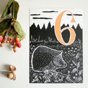 Carte postale hérisson, carte anniversaire enfant, illustration animalière, 6ème anniversaire
