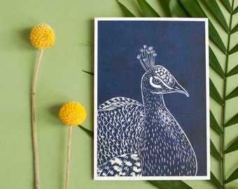 Peacock postcard, postcard of a linoprint, greeting card bird