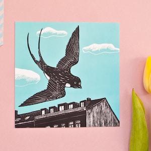Postkarte Schwalbe, Tierillustration blau