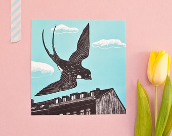 Postkarte Schwalbe, Tierillustration blau