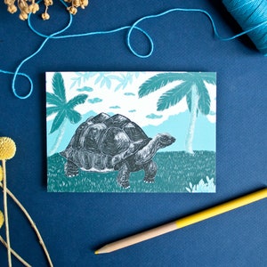 Postkarte Schildkröte im DIN A6 Format, Tierkarte mit Tier- und Pflanzenillustrationen für Naturfreunde