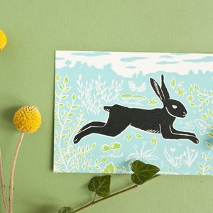 Postkarte Hase, Tierillustration, Grußkarte Illustration, Schabekarton, Ostern, Karte, Frühling, türkis schwarz