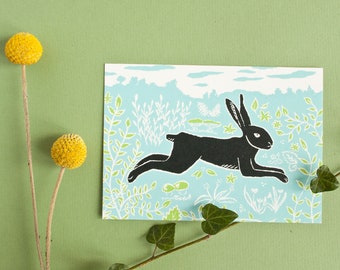 Postcard Easter Bunny, greeting card, hare, animal illustration, scratchboard, black blue, greeting card, spring